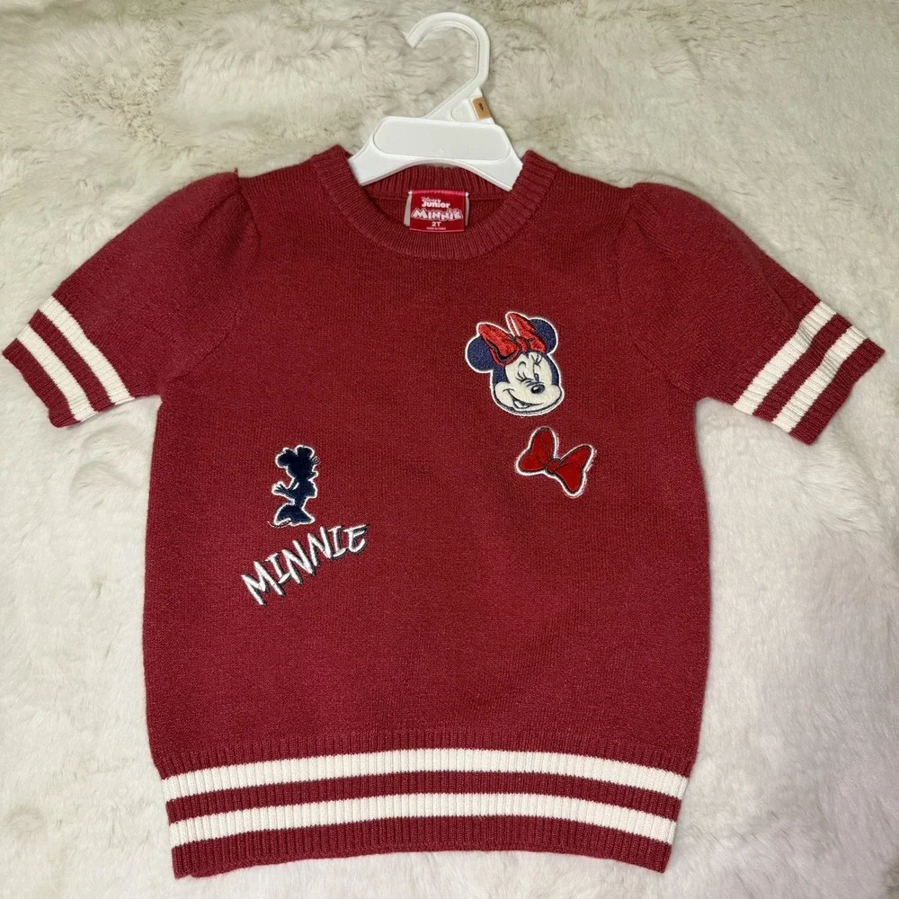 NEW Disney Minnie Mouse Short Sleeve Sweater & Varsity Skirt Set Burgundy 2T